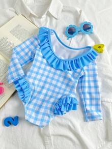 SHEIN Bộ áo tắm liền thân dài tay in họa tiết kẻ caro cho bé gái, dễ thương cho kỳ nghỉ và các hoạt động ngoài trời. - Xanh và trắng - Xem 2