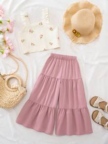 Emery Rose Kids Emery Rose Kids 两件套女童粉色梭织纯色方领荷叶边休闲吊带背心和长裤套装，女童波西米亚风套装，裤装派对套装，8岁女童吊带背心和阔腿裤套装，喇叭裤套装，儿童女童两件套夏季套装，波西米亚风套装，儿童亚麻女童服装，女童夏季阔腿裤，女童亚麻套装，女童两件套套装，儿童夏季女童服装，女童春季服装，儿童服装，女童套装夏季 - 粉色 - 查看 2
