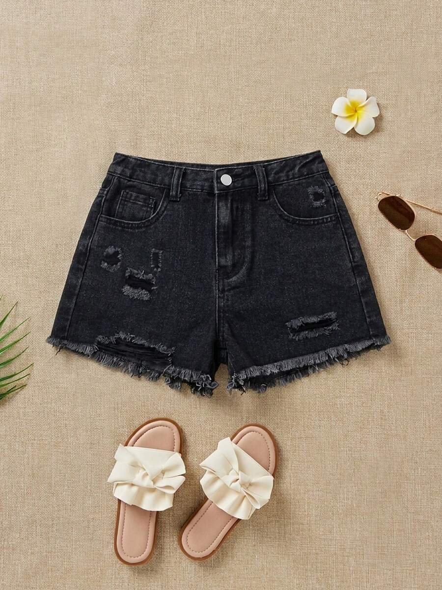 SHEIN Tween Girl Summer Boho Casual Solid Washed High Waist Solid Washed Ripped Denim Jeans Shorts With Frayed Hem And Distressed Pockets, Summer Beach Vacation Vacation Baggy Shorts Black - Black - View 1