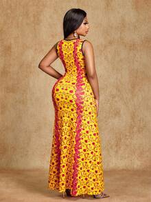Brilight Vestido elegante y sexy para mujer, vestido sin mangas de cuello en V, ropa tradicional sudafricana, atuendo para fiestas y té de la tarde, estampado artístico, colores de moda de primavera y verano, vestido para sesión fotográfica artística, ropa para festival de música, ropa de verano para mujer - Amarillo - Ver 2
