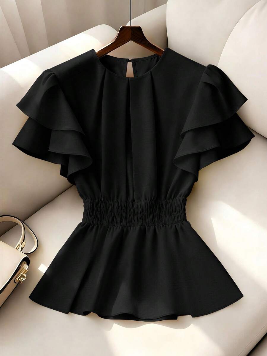 SHEIN Franclia 女士翻领短袖衬衫 - 黑色 - 查看 1