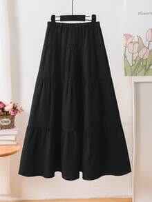 SHEIN Sparklyn Tween Girl Casual Vacation Patchwork Skirt, Summer , Fashionable Design Versatile For Holiday, Travel, Campus And Daily Wear - Black - View 2