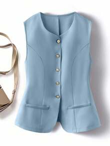 SHEIN Clasi Plus Size Elegant Versatile Solid Color Sleeveless Tank Top - Blue - View 1