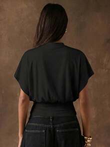 SHEIN BAE Camiseta corta de mujer de unicolor con mangas de murciélago minimalista - Negro - Ver 2