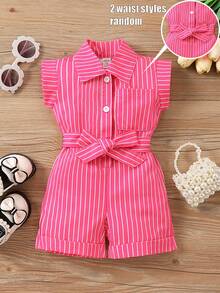 Baby Girl Striped Belted Shirt Romper - Hot Pink - View 1