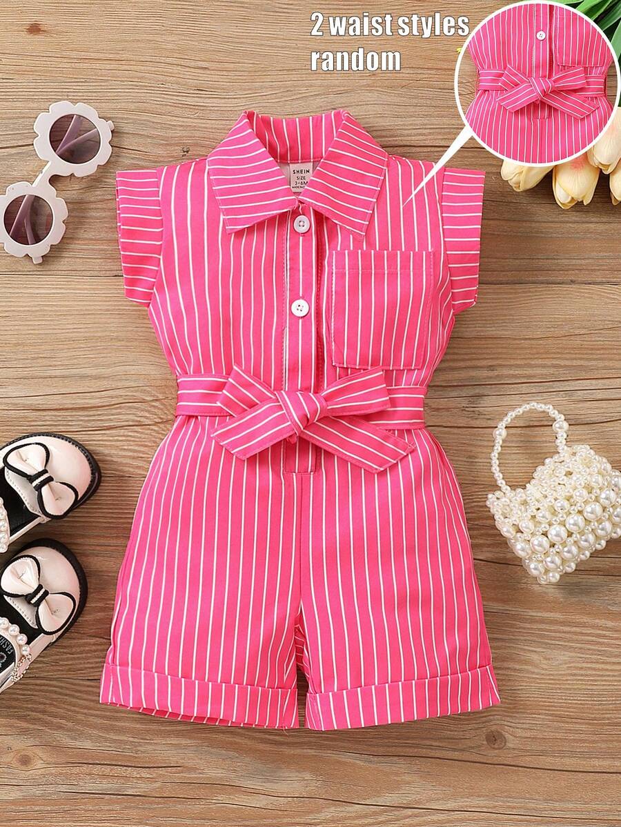 Baby Girl Striped Belted Shirt Romper - Hot Pink - View 1