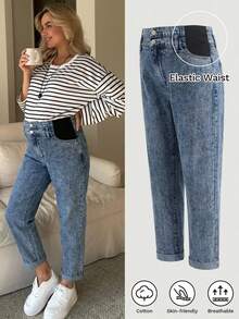 SHEIN Maternity Solid Color Casual Jeans Light Blue Summer - Medium Wash - View 5