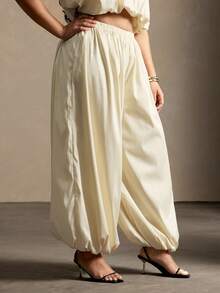 Vixey Woven Elasticized Waistband And Cuffs Bubble Pants - Cream - View 4