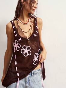 Bohemela Women's Vintage Hollow Rope Embroidery Tie Knit Top - Green - View 7