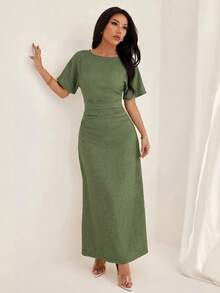 SHEIN PETITE 女士夏季纯色亚麻混纺休闲优雅连衣裙 - 薄荷綠 - 查看 6