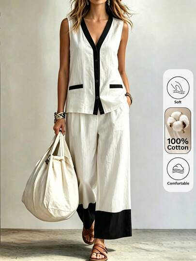 Louniche Mouwloze top voor dames in standaardmaat met nepzakjes + rechte broek met elastische tailleband, 2-delige casual vakantieset