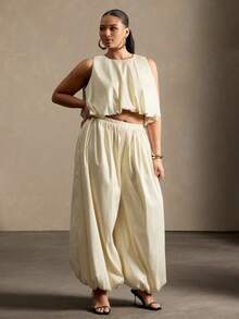 Vixey Woven Elasticized Waistband And Cuffs Bubble Pants - Cream - View 1