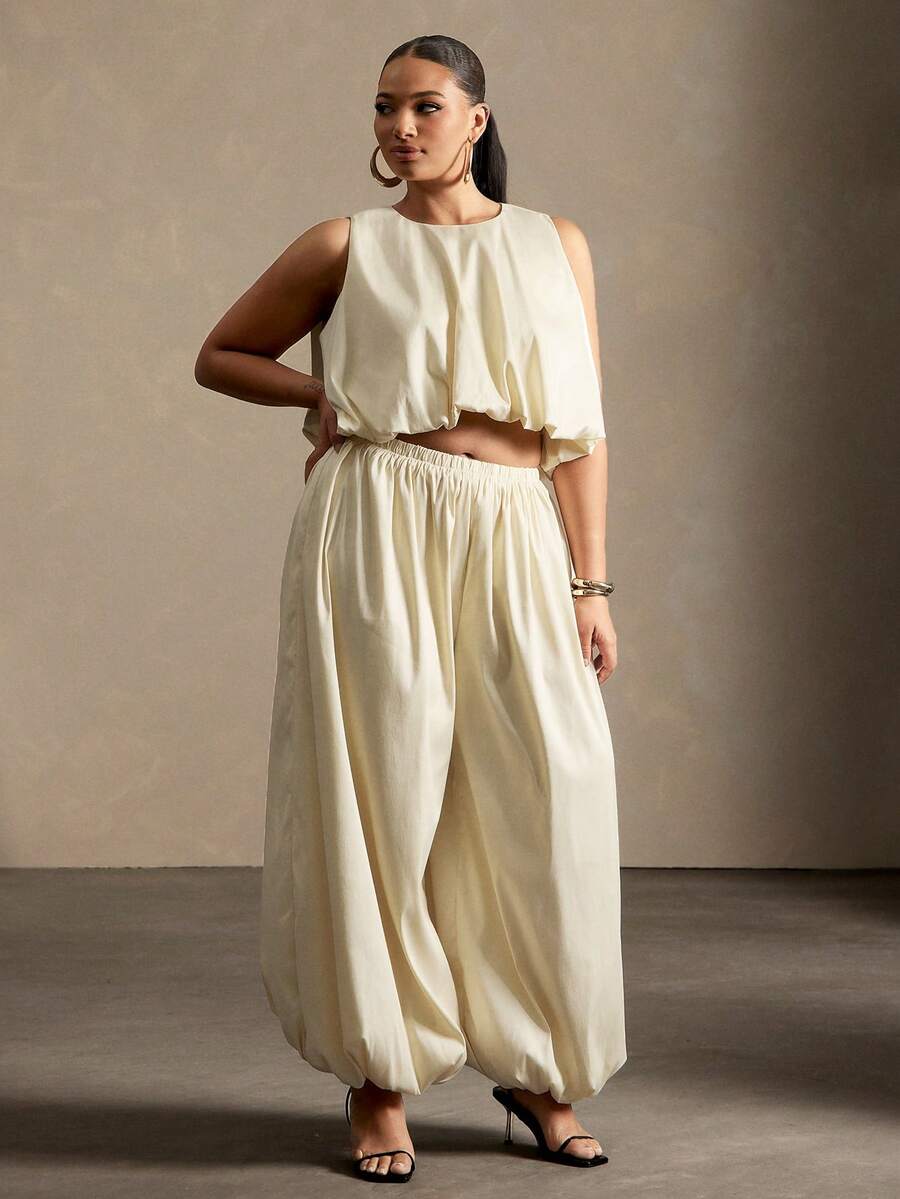 Vixey Woven Elasticized Waistband And Cuffs Bubble Pants - Cream - View 1