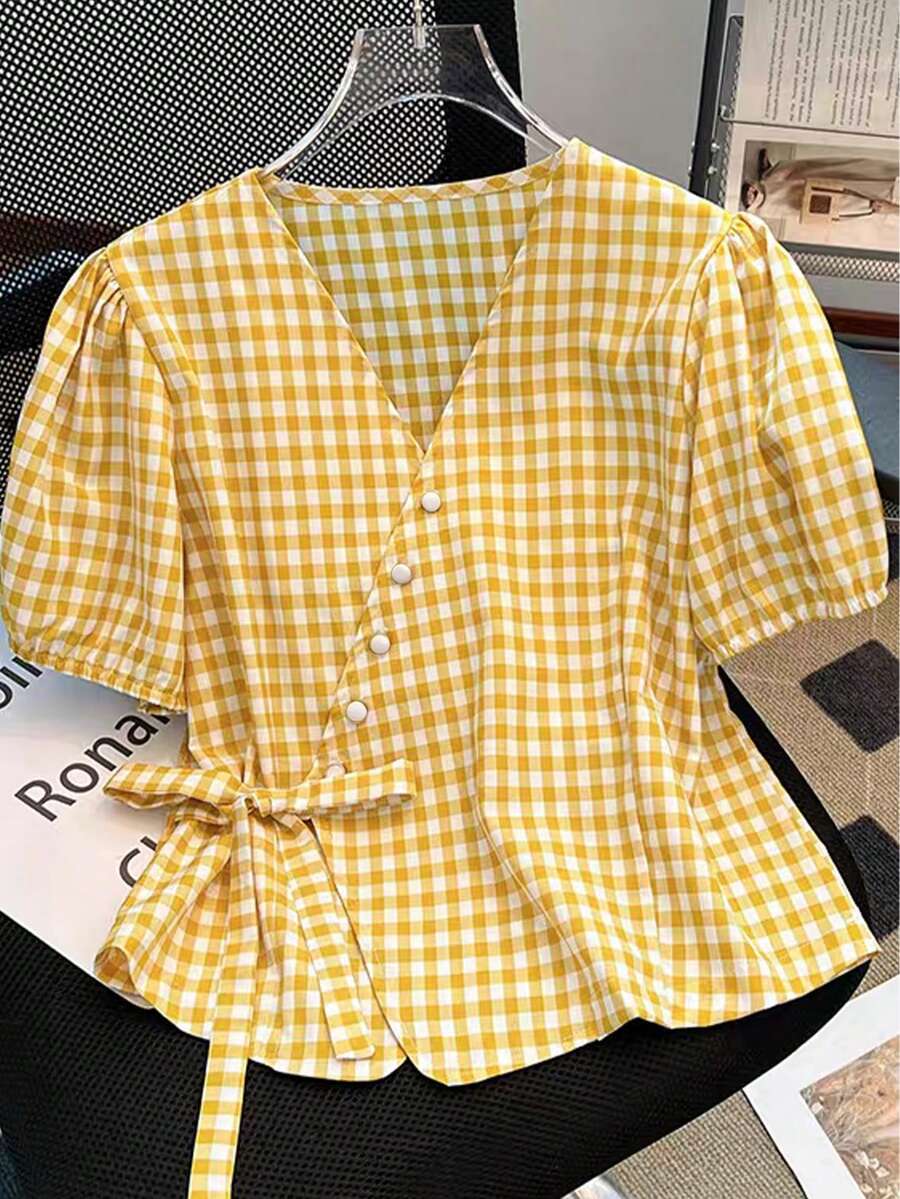 SHEIN Franclia 女士黄色格纹泡泡袖V领裹身衬衫 - 前襟纽扣侧系带夏季休闲甜美可爱上衣 - 彩色 - 查看 1