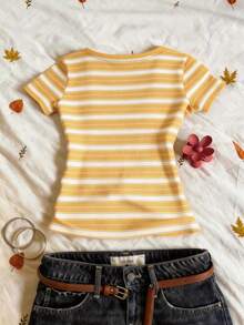 SHEIN Striped Digital Print Fashionable Minimalist V-Neck Short Sleeve T-Shirt, Gift For Friends - Multicolor - View 2