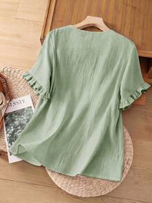 Linhara Plus Size Women Casual Minimalist Countryside Style Small V-Neck, Cotton Bordir Fashion Ruffle Cuff Loose Blouse - Hijau - View 2