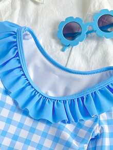 SHEIN Bộ áo tắm liền thân dài tay in họa tiết kẻ caro cho bé gái, dễ thương cho kỳ nghỉ và các hoạt động ngoài trời. - Xanh và trắng - Xem 3