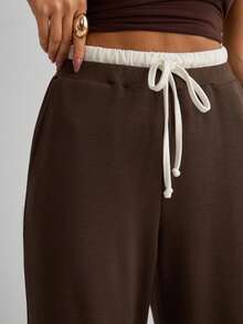 Casual Versatile Contrast Color Drawstring Waist Pants - Brown - View 9
