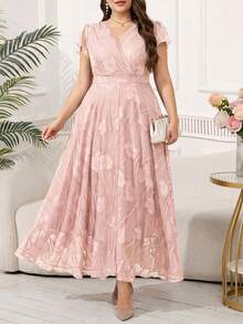 Reflora 大码女士优雅印花连衣裙，夏季婚礼宾客礼服 - 藕粉色 - 查看 12