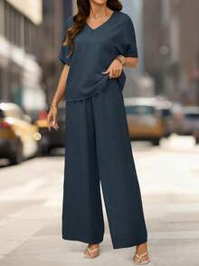 Editum Women's Summer Navy Blue Casual Everyday Solid Elegant Outfit,Textured Round Neck Short Sleeve Loose Top And Wide Leg Pants Set For Daily Vacation - Blue - View 6