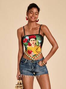 Travachic Frida Kahlo X SHEIN 女士 Frida 印花不对称下摆吊带背心 - 优雅度假沙滩装，完美适用于热带假期、西方音乐节、通勤和夏季外出 - 彩色 - 查看 1