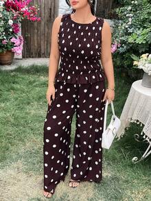 Modelyn Plus Size Women Casual Polka Dot Print Camisole & Pants 2 Pieces Set - Brown - View 7