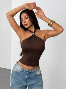 SHEIN PETITE 女款純色金屬裝飾時尚修身掛脖上衣，適合演唱會、節慶派對，夏季上衣，適合嬌小女性 - 咖啡棕 - 查看 6
