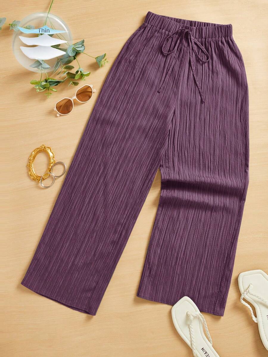 SHEIN Essnce Summer Casual Textured Wide Leg Capri Pants - Dusty Purple - View 1