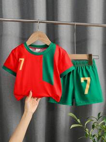SHEIN 2pcs Baby Boy Portugal No.7 Soccer Outfit, Red Green Jersey & Shorts. Great For Sports Events, Daily Outings, School Activities Photos. - Multicolor - View 10