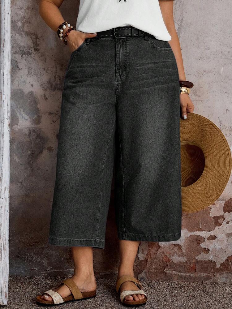 EMERY ROSE Mature Denim Quần jeans dáng rộng, túi xéo, kiểu dáng thường ngày, chất liệu denim mài, dành cho người có vóc dáng lớn. - màu đen - Xem 6