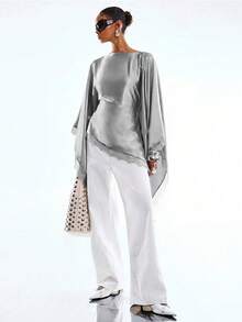 LYSMO Blusa holgada de mujer con mangas acampanadas, de unicolor satinado con encaje de contraste, para primavera/otoño - Gris - Ver 4