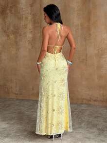 Bluhae Vestido de tirantes elegante y sexy con lentejuelas con motivos celestiales, adecuado para vacaciones/festivales de música - Amarillo - Ver 2