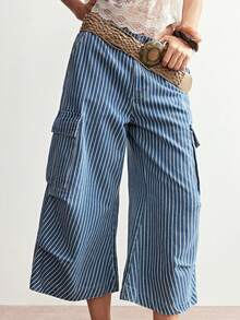 Bohemela Pantalones capri rectos de mujer con rayas tejidas de estilo casual - Azul lavado medio - Ver 4