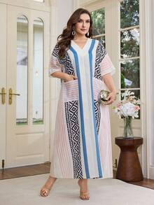 Al Najma Plus Size Women's Summer Beach Vacation Geometric Stripe Patchwork Print V-Neck Loose Arabic Style Dress - Multicolor - View 1