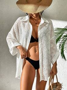 Swim Chiccia 女士夏季沙滩镂空刺绣纹理图案前开襟蝙蝠袖宽松度假连衣裙 - 白色 - 查看 3