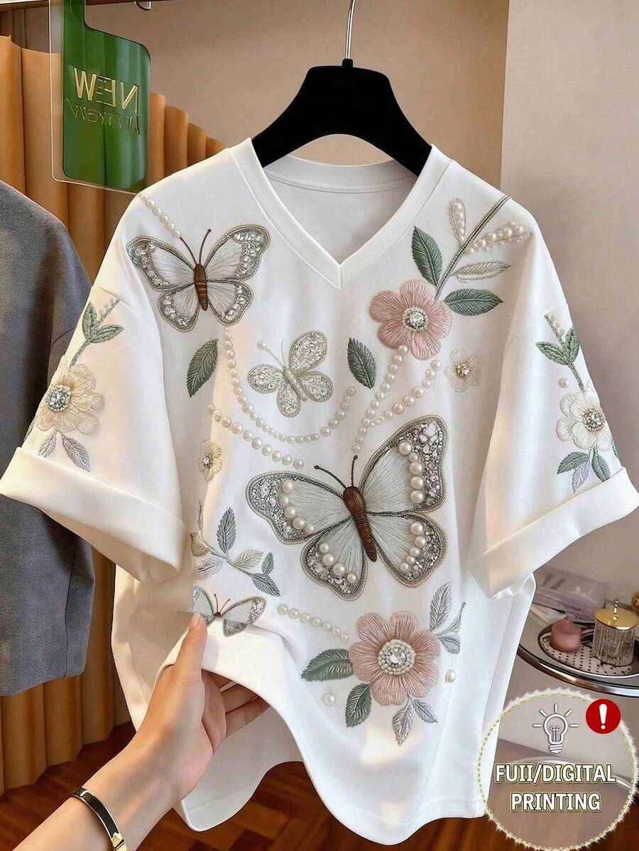INAWLY 女士V领短袖数码印花T恤 - 彩色 - 查看 1
