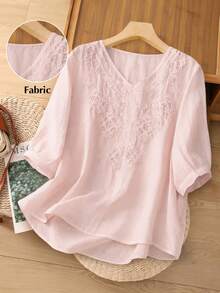 SHEIN LUNE Plus Size Solid Color Embroidered Casual Short Sleeve Shirt - Baby Pink - View 1