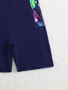 SHEIN 1 bộ đồ bơi mùa hè màu xanh navy cho bé gái. Họa tiết động vật đại dương, khóa kéo phía trước, thích hợp để bơi - Màu xanh hải quân - Xem 5