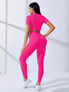 SHEIN Core Rhythm Seamless Stretchy Women Sports Cropped T-Shirt & Leggings Set Ribbed Workout Buttery Soft Legging Two Piece Curve Activewear Quick-Dry Quick Dry - Hot Pink - View 10