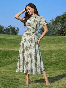Modelyn Floral Print Elegant Short Sleeve Tie Collar Ruched Waist Dress For Women - Green - View 3