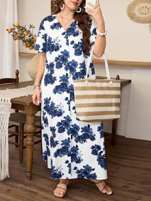 Al Najma Vestido largo holgado con estampado floral árabe elegante para mujer de talla grande, primavera/verano - Azul - Ver 8