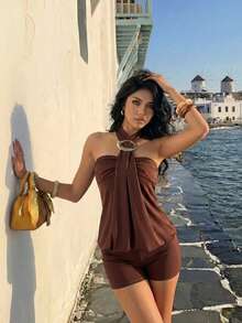 SHEIN PariChic Women's Y2K Sexy Vacation Style Coffee Brown Front-Fastening Metal Button Decor Mini Bodycon Jumpsuit, Spring/Summer - Coffee Brown - View 3