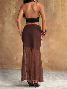 Women's Lace Patchwork Versatile Date Night & Outing Mini Skirt - Coffee Brown - View 2