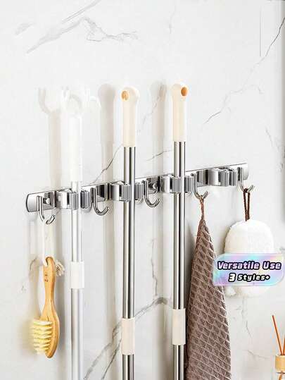 1 pieza Soporte de pared para fregonas y escobas, colgador de escobas, organizador de fregonas, estantes para herramientas de acero inoxidable de gran resistencia para el hogar, la cocina, el jardín, la lavandería, el garaje y el armario. Clip para fregona de acero inoxidable 304, estante colgante multifuncional sin perforación, gancho para fregona, estante de almacenamiento de escobas de baño, decoración de baño de verano