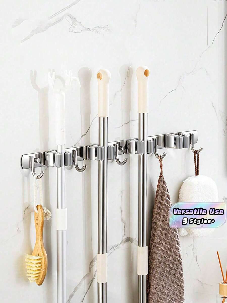 1 Pc Mop And Broom Holder Wall Mount Broom Hanger Mop Organizer Storage Tool Racks Stainless Steel Heavy Duty Utility Hooks For Home Kitchen Garden Laundry Garage Closet304 Stainless Steel Mop Clip, No Drilling Multifunctional Hanging Rack, Mop Hook, Bathroom Broom Storage Rack Home Bathroom Decor Summer - Silver - View 1