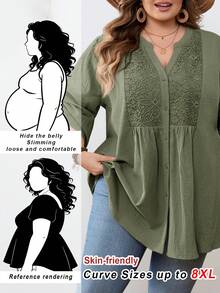 SHEIN CURVE+ Curve 尺码 US22 音乐节、海滨度假、波西米亚风休闲纯色蕾丝拼接前扣宽松衬衫 - 軍綠色 - 查看 3