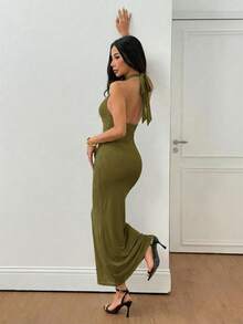 SHEIN PETITE 女士纯色网纱垂褶领优雅约会连衣裙，长款连衣裙，度假风，适合秋冬季节穿着 - 軍綠色 - 查看 2