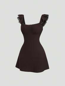 Sweetra Women's Spring/Summer Textured Lace Trim Patchwork Dress - Coffee - View 1