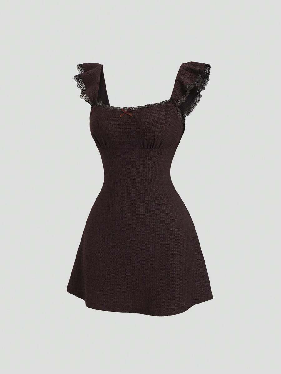 Sweetra Women's Spring/Summer Textured Lace Trim Patchwork Dress - Coffee - View 1