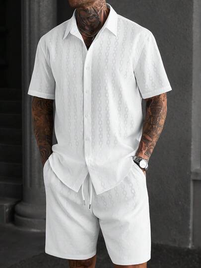 Manfinity CasualCool Men's Vacation 2-Piece Set, Loose Fit Short Sleeve Collared Shirt + Drawstring Waist Casual Shorts, Linen Blend Outfit, Suitable For Beach, Vacation, Daily Wear